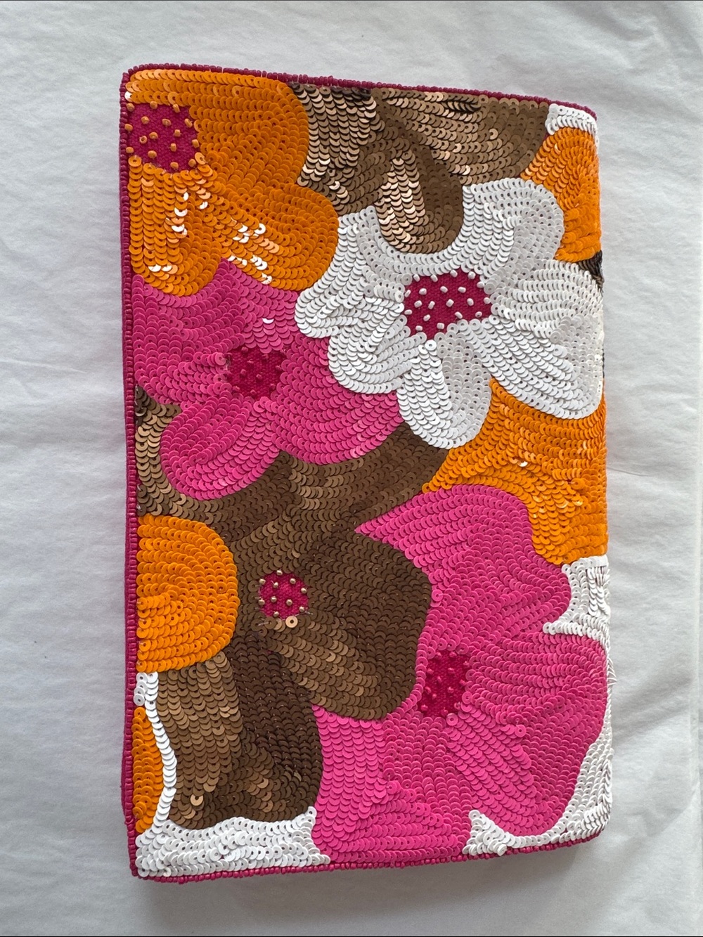 Sequined Floral Clutch Wristlet in Pink, Orange, White & Brown